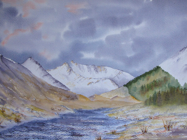 Original watercolour Painting of The Saddle and Glen Shiel in winter, Kintail
