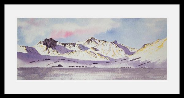 Simply Snowdon winter watercolour painting framed in black, Yr Wyddfa art