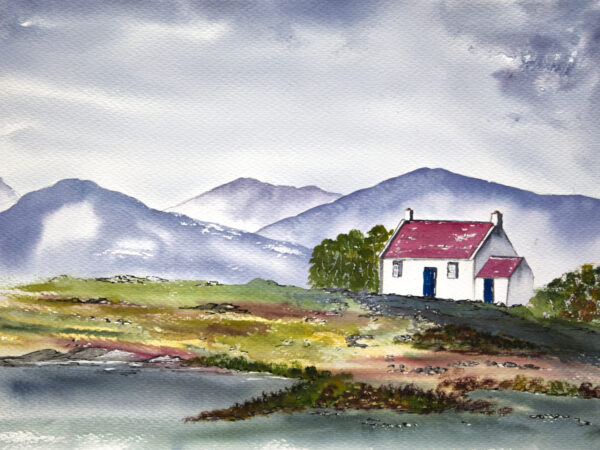 Scottish Highland Bothy with misty mountain original watercolour painting
