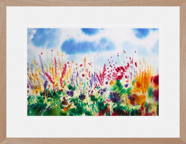 Highland Wild Summer flowers an abstract Brusho painting framed in an oak effect frame for sale