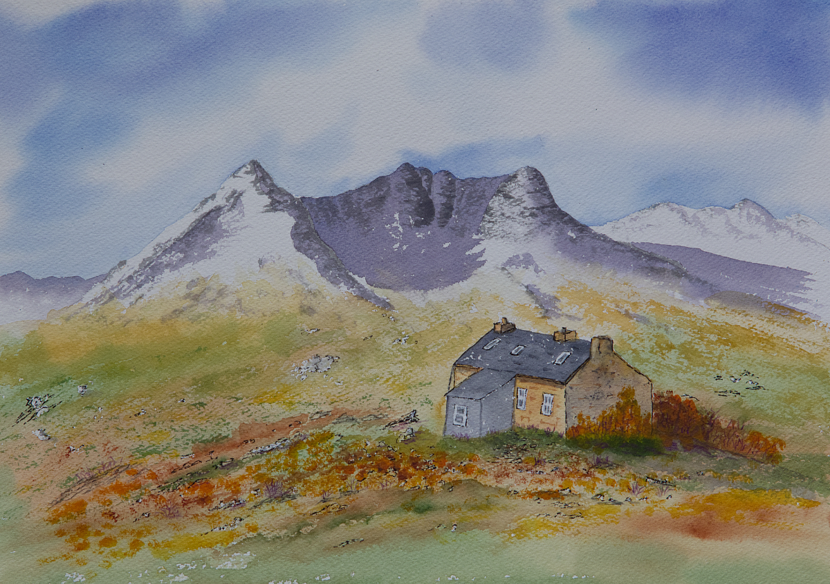 Shenavall Bothy, Beinn Dearg Mor, Scottish Highlands, Original watercolour painting for sale