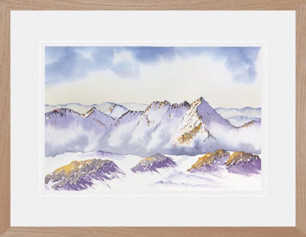 An Teallach winter mists framed watercolour painting for sale, Scottish Highlands gift