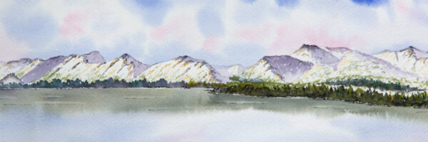 Derwentwater in Winter, original watercolour panoramic landscape painting