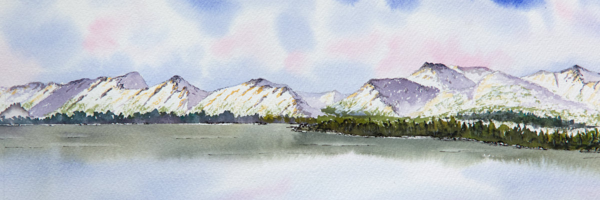 Derwentwater in Winter, original watercolour panoramic landscape painting