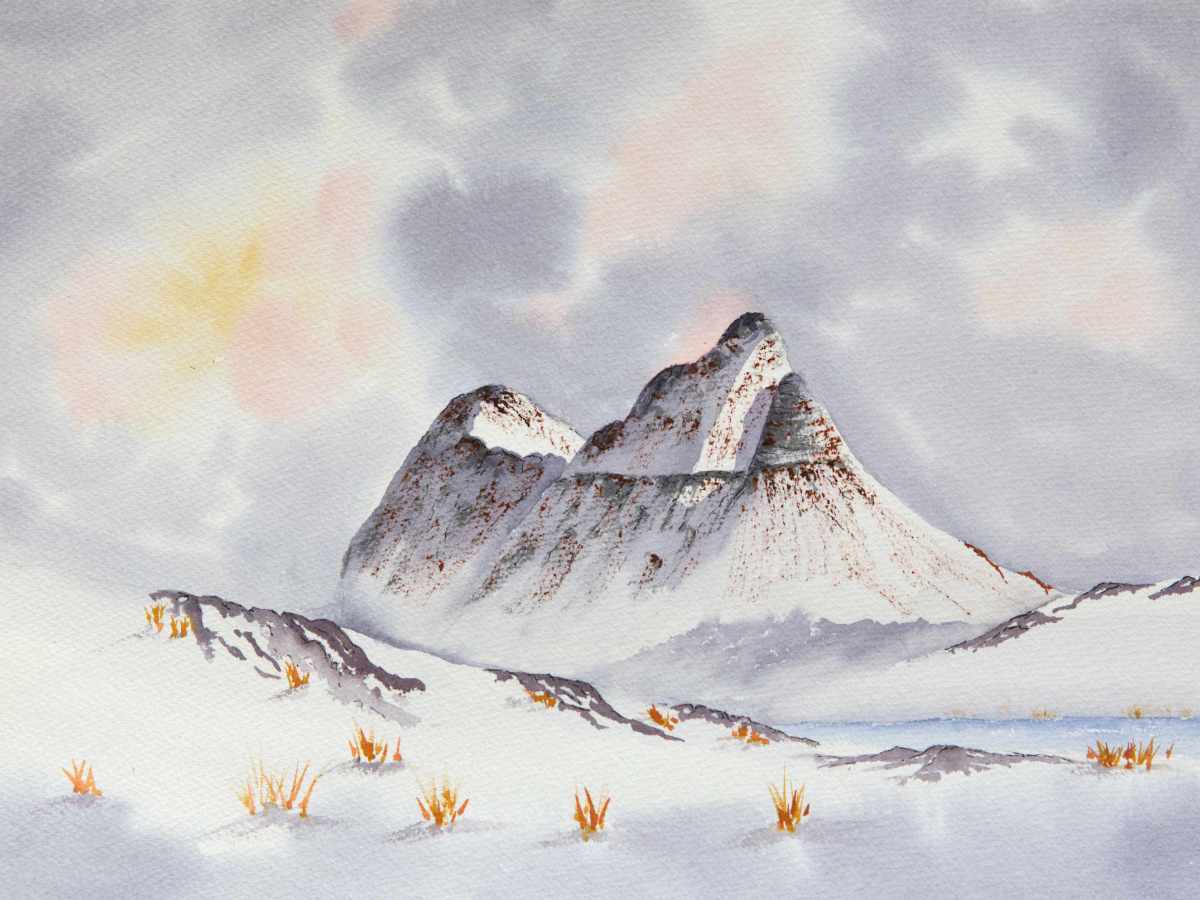 Suilven in Winter, original watercolour painting of Assynt, Scottish Highlands