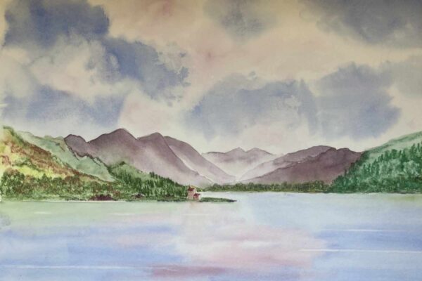 Mountains of Kintail, from Ardelve with Eilean Donan Castle, original watercolour painting