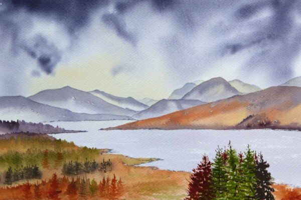 Moody Loch Loyne, Scottish Highlands landscape watercolour painting for sale