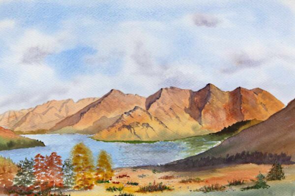 Five Sisters of Kintail in Autumn, original landscape watercolour painting of The Scottish Highlands for sale