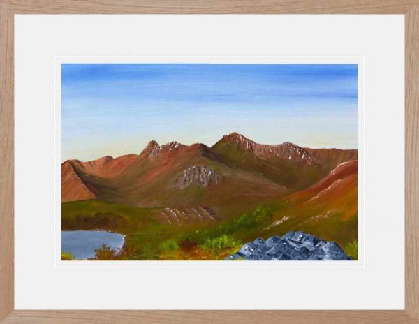 Langdale Pikes ramed in oak effect frame, original oil painting of Lake District