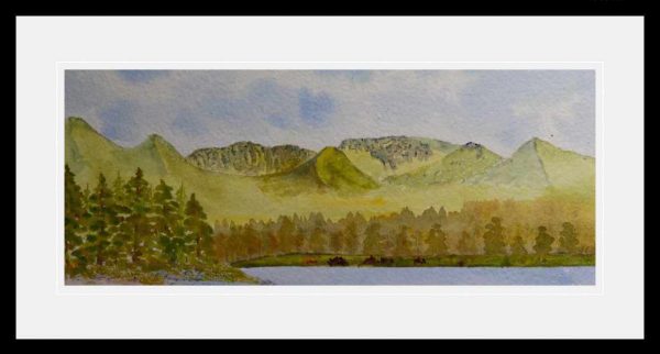 Cairngorms across Loch Morlich, Scottish Highlands watercolour painting