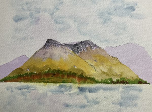 Pap Of Glencoe across Loch Leven Watercolour sketch of Scottish Highlands